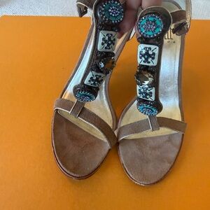 Pelle Moda Brown Suede T-Strap Sandals with Turquoise Accents